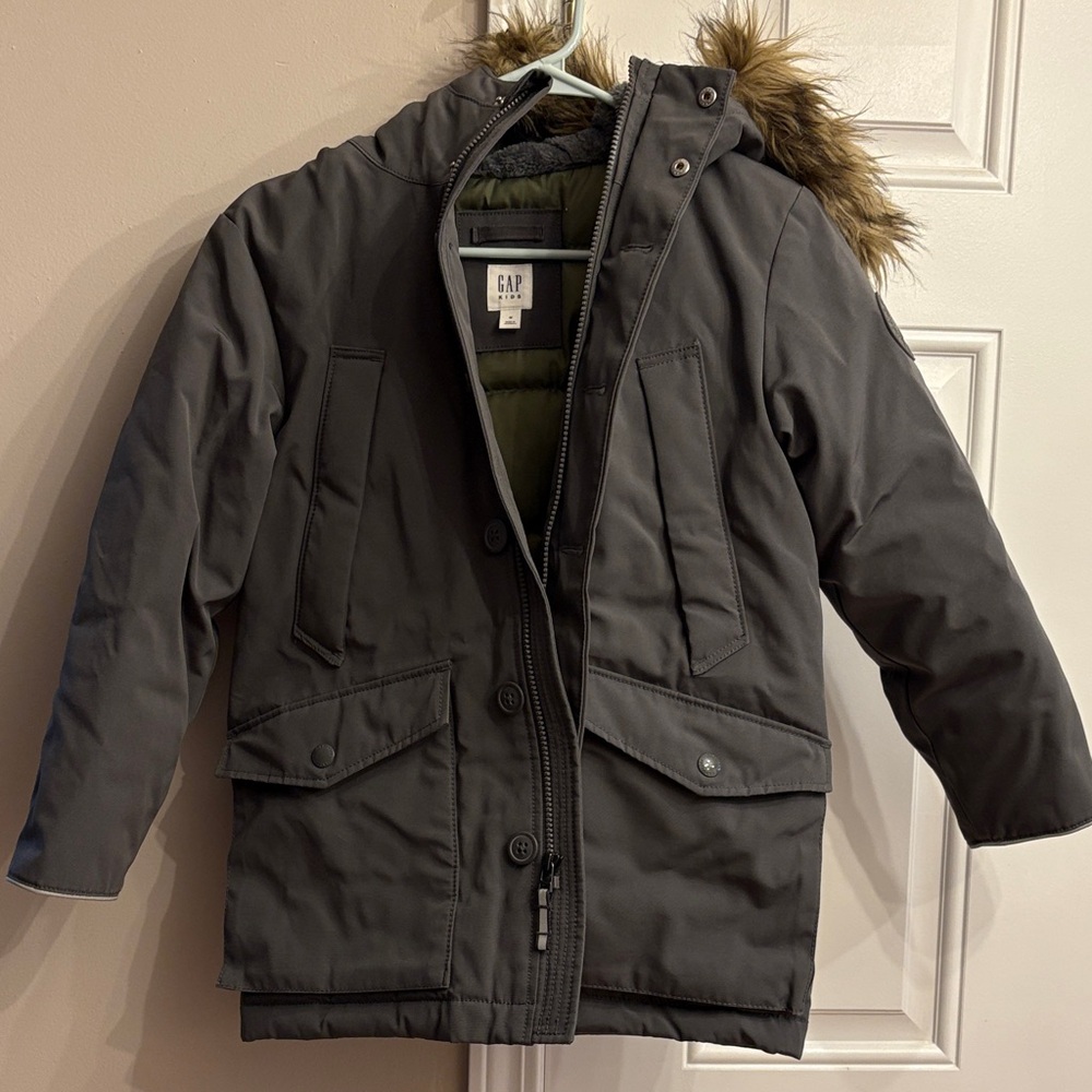 GAP Kids Charcoal Hooded Puffer with Faux Fur